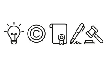 Intellectual property, copyright, patent, legal agreement, and justice symbols set
