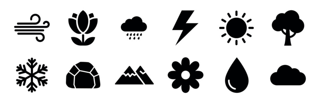 Black nature and weather minimalist glyph icons in a collection featuring symbols for sun, rain, wind, lightning, snowflake, tree, and flower in a simple vector style