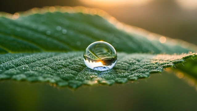 Macro shot of a water droplet reflecting the natural light on a vibrant green leaf - Powered by Adobe