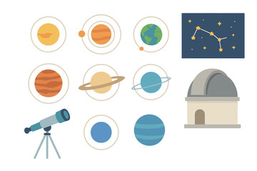 Astronomy icons set with solar system planets, constellation, telescope, and observatory © Andrei