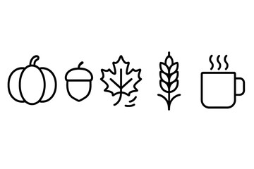Black line icons set of autumn season elements including pumpkin, acorn, maple leaf, wheat, and hot drink mug