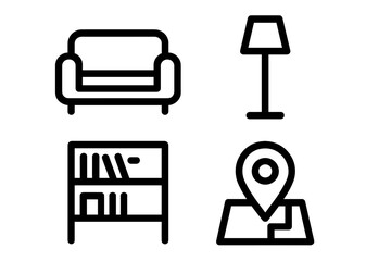 Home furniture and navigation symbols including sofa, lamp, bookshelf, and map pin © Andrei