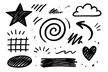 Rough hand drawn doodle elements set including star heart cloud arrow and spiral shapes