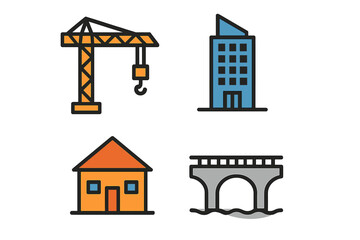 Construction and architecture symbols including crane, building, house, and bridge