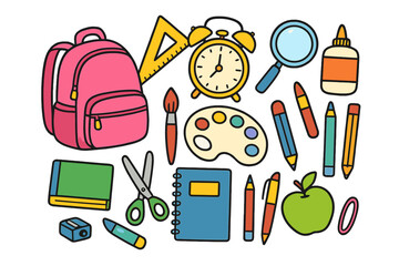 Brightly colored set of essential school supplies including backpack pencils and alarm clock