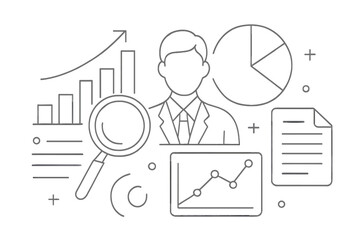 Professional business analyst surrounded by data visualization charts and research tools