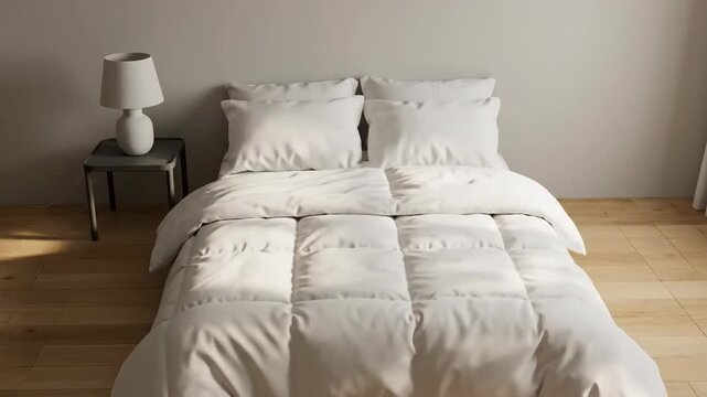 Comfortable bed with pillows and a duvet in bright sunlight