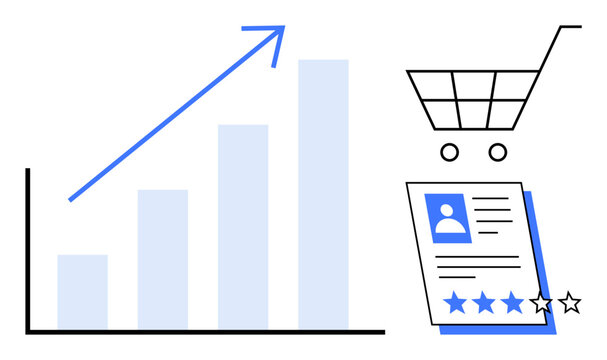Bar chart with upward arrow, shopping cart outline, and user profile form with star ratings. Ideal for growth, success, analytics, online shopping, customer feedback progress and marketing. Simple