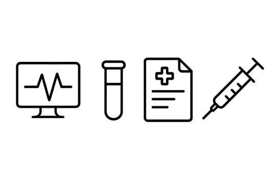 Essential healthcare symbols showing heart rate monitor, blood sample tube, patient record, and injection syringe