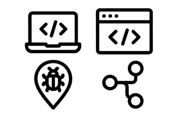 Line icons for software development, programming, web browsing, and data sharing