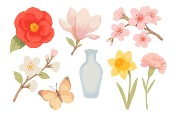 Watercolor style spring flowers set with camellia magnolia cherry blossoms daffodil and butterfly