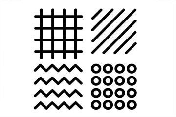 Abstract geometric patterns set featuring grid, diagonal lines, zigzag waves, and circles