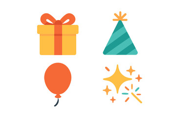 Festive celebration icons: wrapped present, party hat, balloon, and sparkling firework