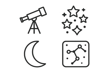 Astronomy and space exploration featuring telescope, crescent moon, sparkling stars, and constellation map