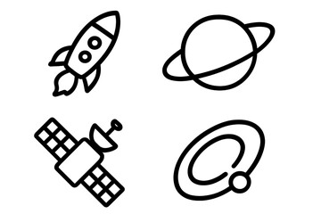 Minimalist line art symbols of space exploration including rocket, orbiting planet, satellite, and galaxy