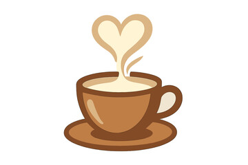 Coffee cup with heart shape foam art and creamy hot beverage on a saucer