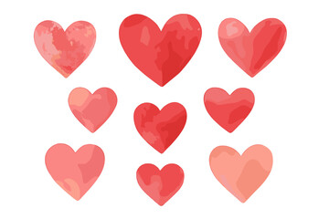 Nine watercolor textured hearts in shades of red and pink symbolizing romance and love