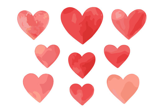 Nine watercolor textured hearts in shades of red and pink symbolizing romance and love - Powered by Adobe