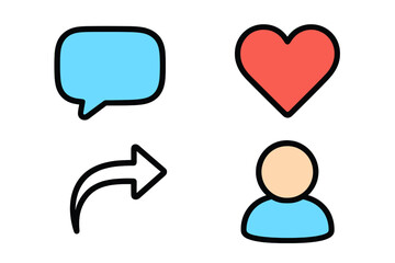 Colorful social media interface symbols: comment bubble, heart, share arrow, and user profile