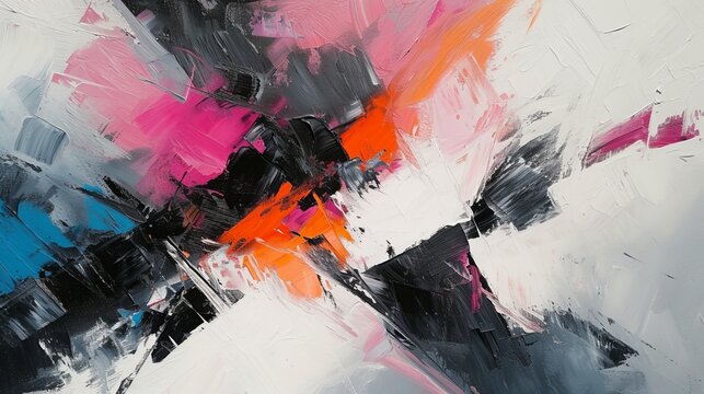 Dynamic abstract painting with vibrant colors. Modern textured artwork with pink, orange, and black brushstrokes. Contemporary art background