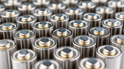 Close view of numerous batteries arranged in a grid pattern highlighting their metallic surfaces and contacts