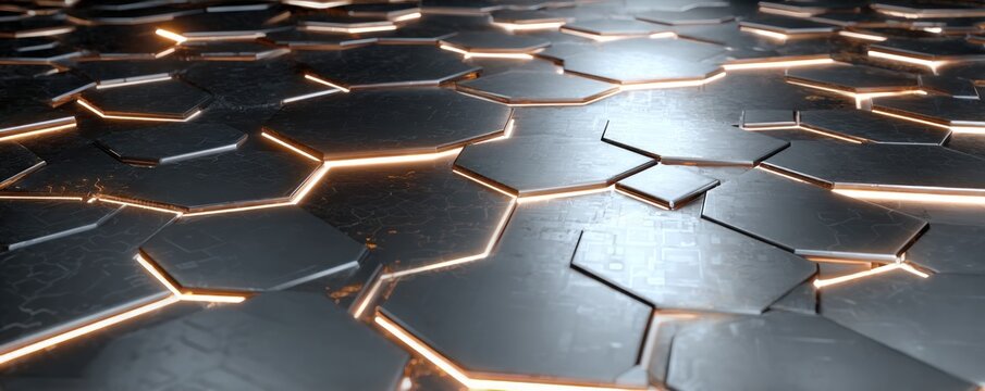 Abstract background of dark hexagons with glowing orange edges visible