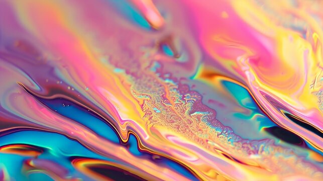 Abstract background of colorful iridescent liquid. Holographic fluid motion with vibrant pink, blue and yellow colors. Modern art texture wallpaper