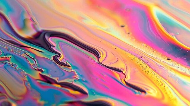 Abstract background of iridescent liquid colors. Psychedelic fluid art with swirling patterns and vibrant motion. Macro photography of a soap bubble surface
