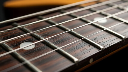 Detailed view of a guitar fretboard, showcasing the intricate strings and frets for melodies