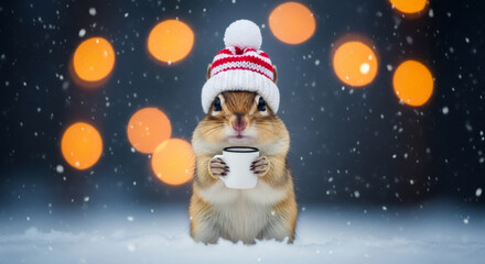 Adorable chipmunk wearing festive red and white sweater and hat holding a cup, poses in the snow, surrounded by colorful bokeh lights, embodying warmth of holiday Christmas and New Year celebrations