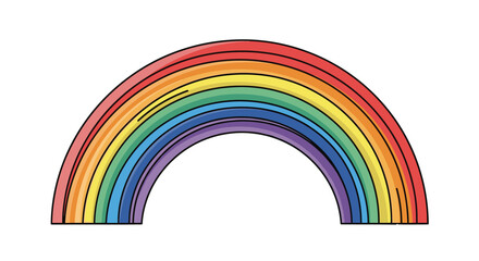 Obraz premium A colorful, hand-drawn rainbow illustration with distinct arches of red, orange, yellow, green, blue, and violet, outlined in black on a clean white background.
