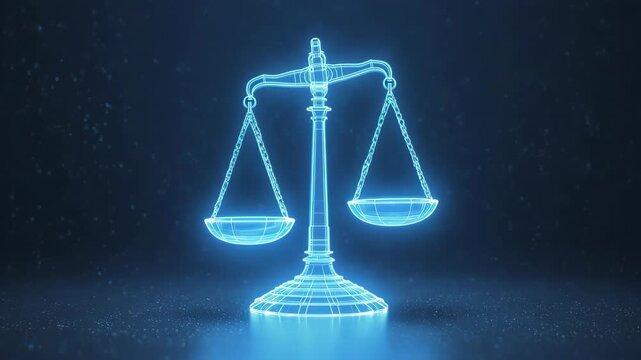 A neon blue scale of justice against a dark, bokeh-filled background