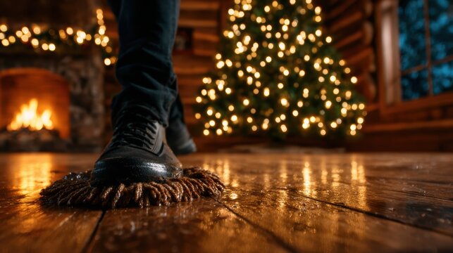 A person mops a wooden floor in a cozy cabin adorned with holiday lights, highlighting the warmth of the season and the joy of home maintenance during winter celebrations.