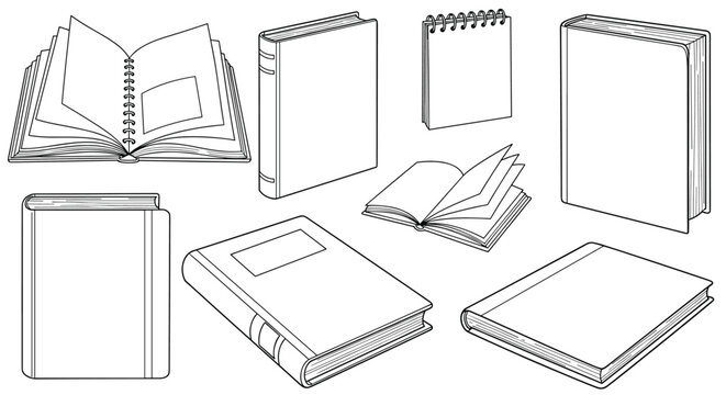 A collection of various books and notebooks, including open and closed ones, perfect for educational or reading themes.