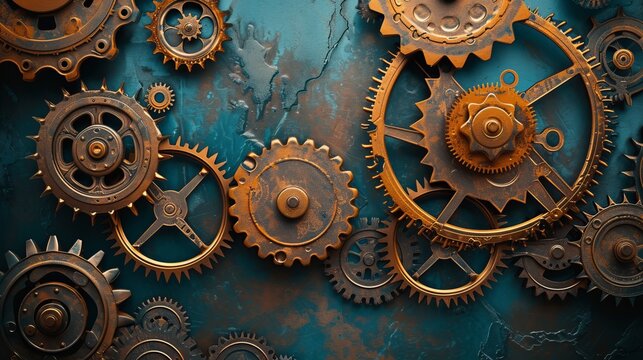 A complex mechanism of interlocking steampunk gears and cogs. Industrial machinery on a textured blue background. Vintage engineering and technology concept