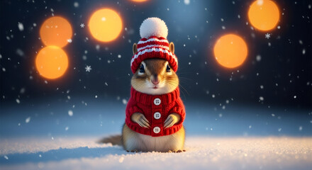Cute squirrel wearing a red sweater and hat stands in snow with festive bokeh lights in the background, capturing the joyful spirit of Christmas and New Year celebrations