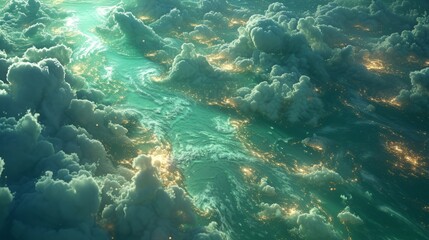 Naklejka premium An aerial view of a fantasy planet at night with glowing city lights seen through clouds. A swirling turquoise river of energy flows across a futuristic world. Science fiction background illustration