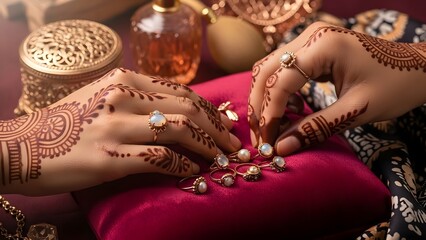 Woman's hands adorned with henna and rings displaying jewelry on a red cushion in a luxurious setting