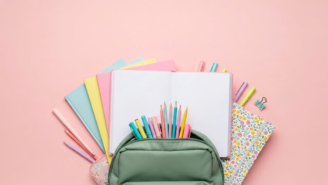Flat lay of an open backpack with colorful school supplies and notebooks on a pink background