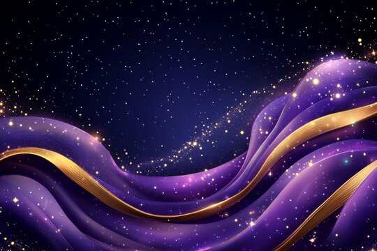 Elegant Motion Fabric with Deep Violet Swirls and Gold Accents on a Galactic Theme Backdrop - Powered by Adobe
