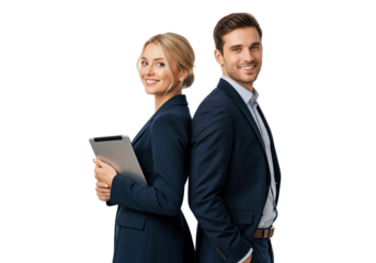 High-performing sales duo standing back to back with tablet to represent B2B account team cooperation, supporting company pitch decks and sales enablement content for enterprise vendors