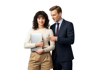 Mentorship spotlight on emerging talent as manager endorses rising colleague with laptop for internal communications, corporate training decks and employer messaging about career growth