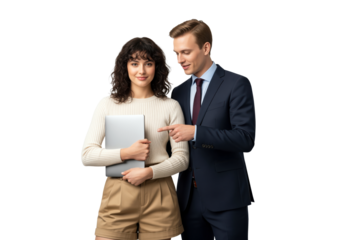 Mentorship spotlight on emerging talent as manager endorses rising colleague with laptop for internal communications, corporate training decks and employer messaging about career growth