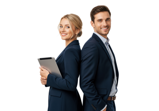 High-performing sales duo standing back to back with tablet to represent B2B account team cooperation, supporting company pitch decks and sales enablement content for enterprise vendors