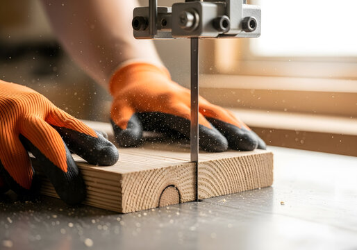 Woodworker cutting lumber with band saw blade close up | Hands in safety gloves guiding wood through woodworking machine | Detailed view of carpentry process with illuminated sawdust particles 