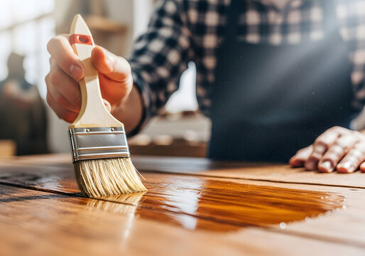 Applying wood varnish with a paintbrush close-up | Professional carpenter restoring old wooden furniture finish | Detailed view of staining a dark rustic wood table | Hand using brush spreading