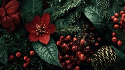 A close-up arrangement of red flowers, green leaves, and pine cones. The scene captures a festive atmosphere with natural elements.