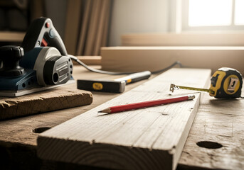 Electric wood planer and carpenter tools on rustic workbench | Measuring and marking wood plank with pencil and tape measure | Closeup of woodworking essentials in a sunny workshop 
