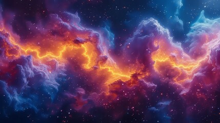 Obraz premium A vibrant cosmic nebula with glowing orange and blue gas clouds in deep space. Abstract background of a colorful galaxy filled with stars. Universe and astronomy concept