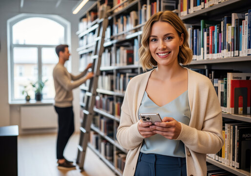 Community library marketing image with visitor browsing shelves while another person searches for a title, ideal to promote learning programs, research support services and education events